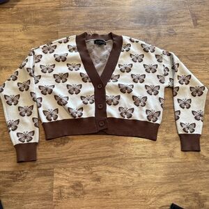 Social Scene Women's Butterfly Print Cardigan‎ Cotton Blend Size XS Crop Top Y2K